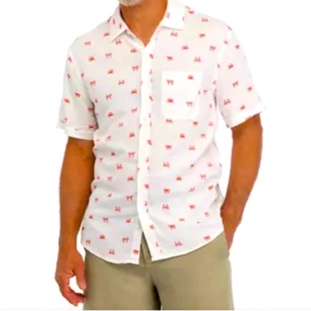 Magaschoni White‎ Linen Viscose Shirt Red Crab Print Short Sleeve Size XL